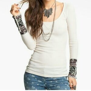 We the Free Free people Women's Cream Long Sleeve Top with Patterned Cuffs Sz S